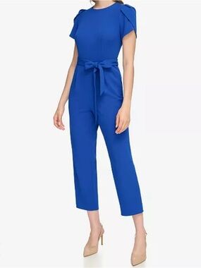 Calvin Klein Cobalt Blue Tulip Sleeve Cropped Belted Jumpsuit - NWT - Size 12